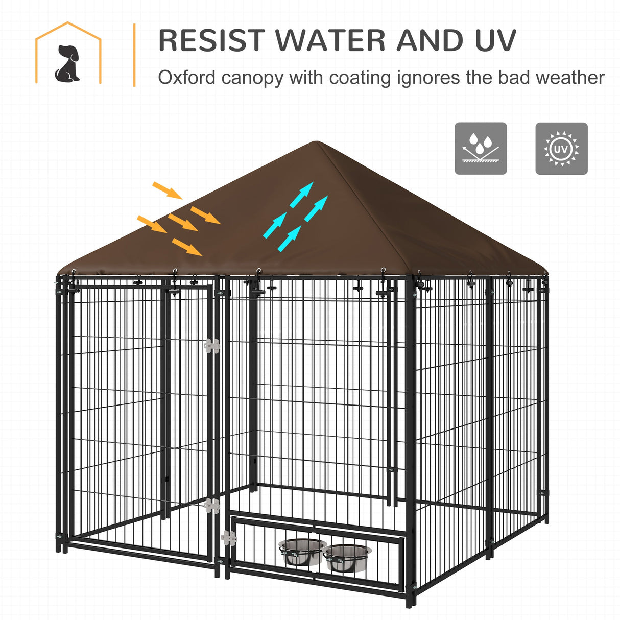 Outdoor Dog House Kennel with Canopy Top & Secure Lock Rotating Bowl Holder, PawHut,