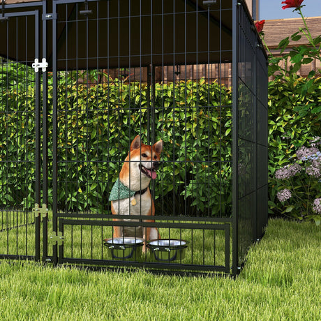 Outdoor Dog House Kennel with Canopy Top & Secure Lock Rotating Bowl Holder, PawHut,