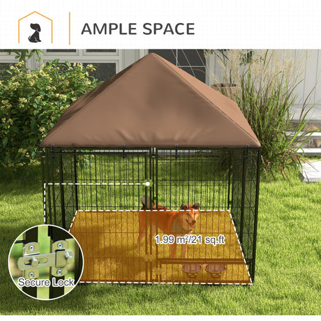 Outdoor Dog House Kennel with Canopy Top & Secure Lock Rotating Bowl Holder, PawHut,