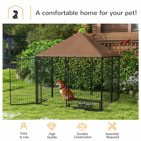 Outdoor Dog House Kennel with Canopy Top & Secure Lock Rotating Bowl Holder, PawHut,