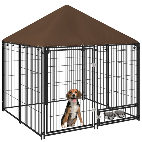 Outdoor Dog House Kennel with Canopy Top & Secure Lock Rotating Bowl Holder, PawHut,