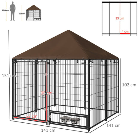 Outdoor Dog House Kennel with Canopy Top & Secure Lock Rotating Bowl Holder, PawHut,