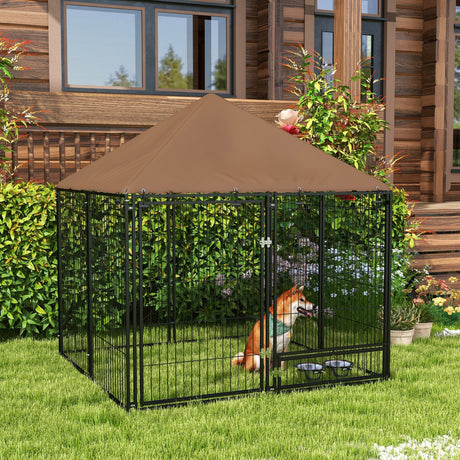 Outdoor Dog House Kennel with Canopy Top & Secure Lock Rotating Bowl Holder, PawHut,