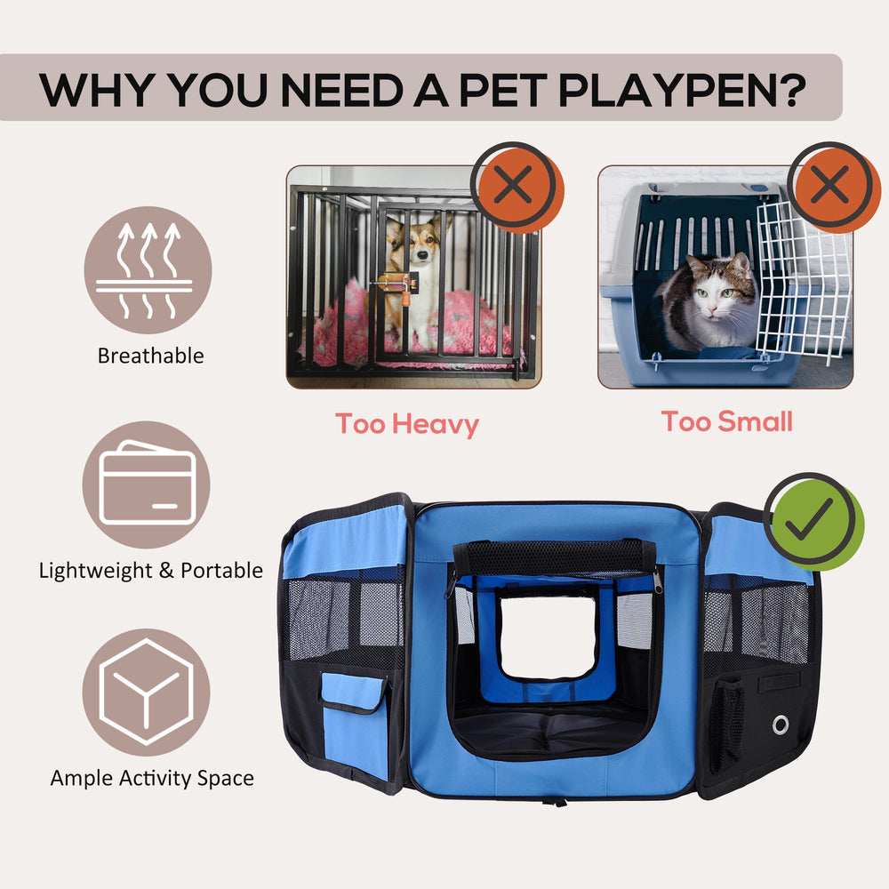 Outdoor Fabric Pet Playpen, 8-Panel Mesh for Puppy and Dog, or Small Mammals, PawHut, Blue/Black