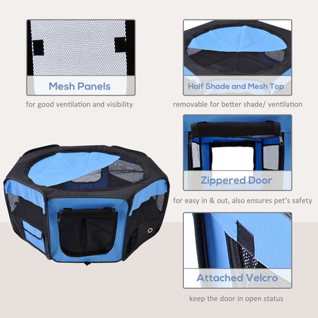 Outdoor Fabric Pet Playpen, 8-Panel Mesh for Puppy and Dog, or Small Mammals, PawHut, Blue/Black