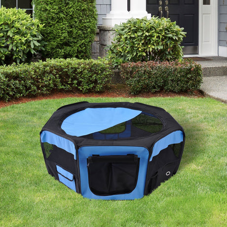 Outdoor Fabric Pet Playpen, 8-Panel Mesh for Puppy and Dog, or Small Mammals, PawHut, Blue/Black