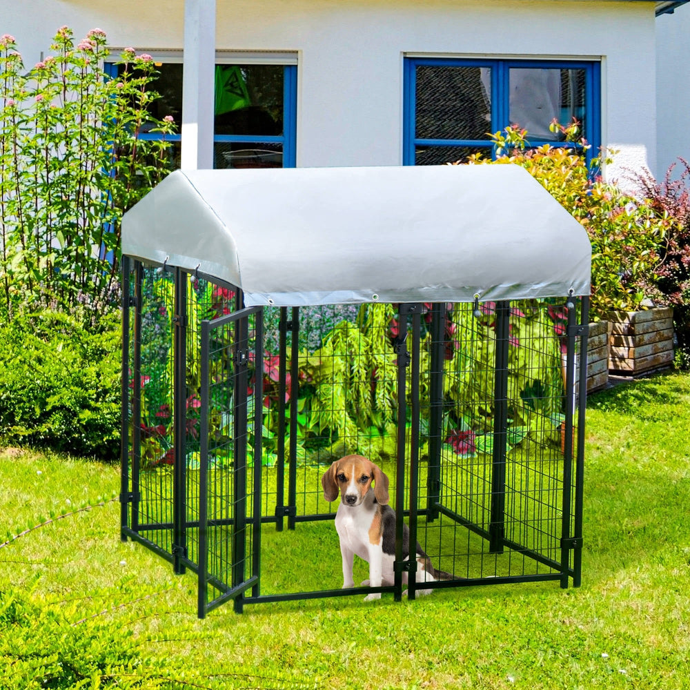 Outdoor Metal Dog Kennel Run, with UV-Resistant Canopy | Two Sizes, PawHut, 138H x 120L x 120W cm
