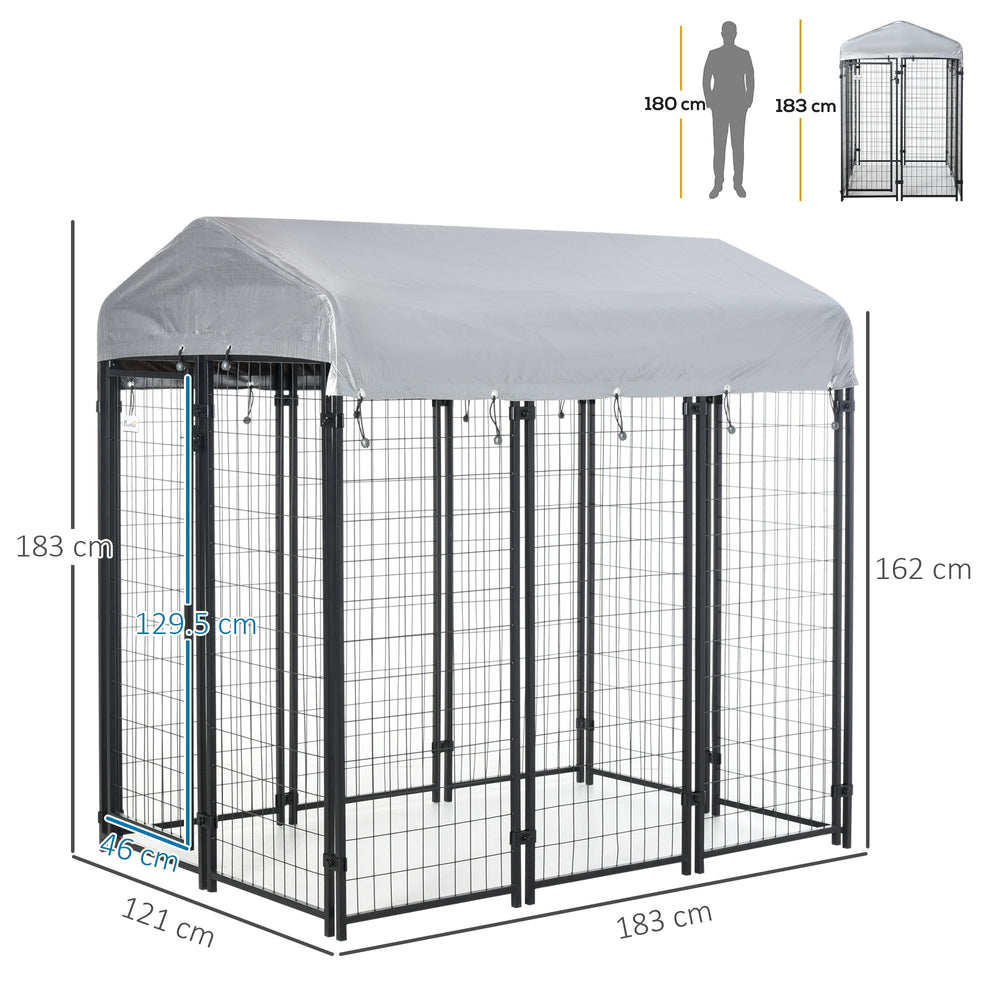 Outdoor Metal Dog Kennel Run, with UV-Resistant Canopy | Two Sizes, PawHut, 183H x 183L x 121W cm
