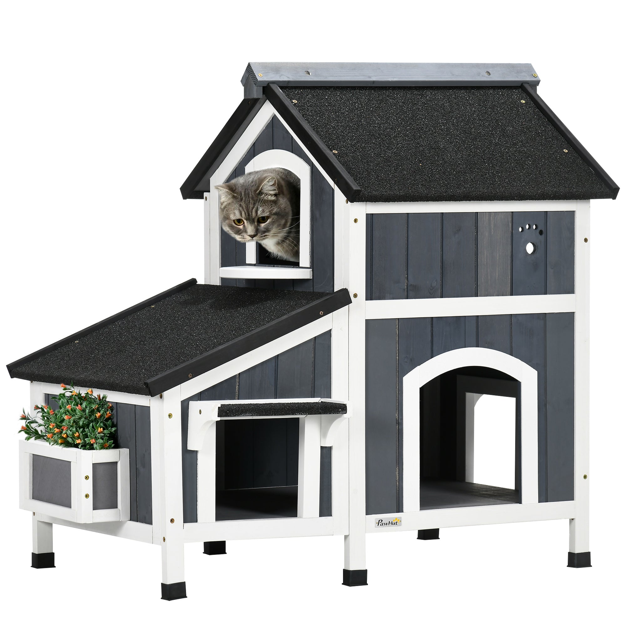 Outdoor Wooden Cat House with Flower Box & Windows, PawHut,