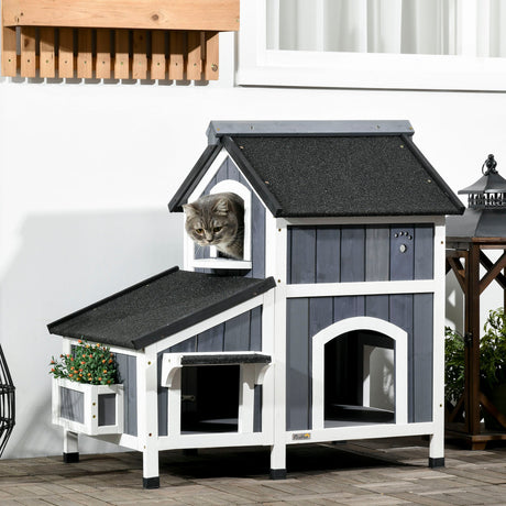 Outdoor Wooden Cat House with Flower Box & Windows, PawHut,