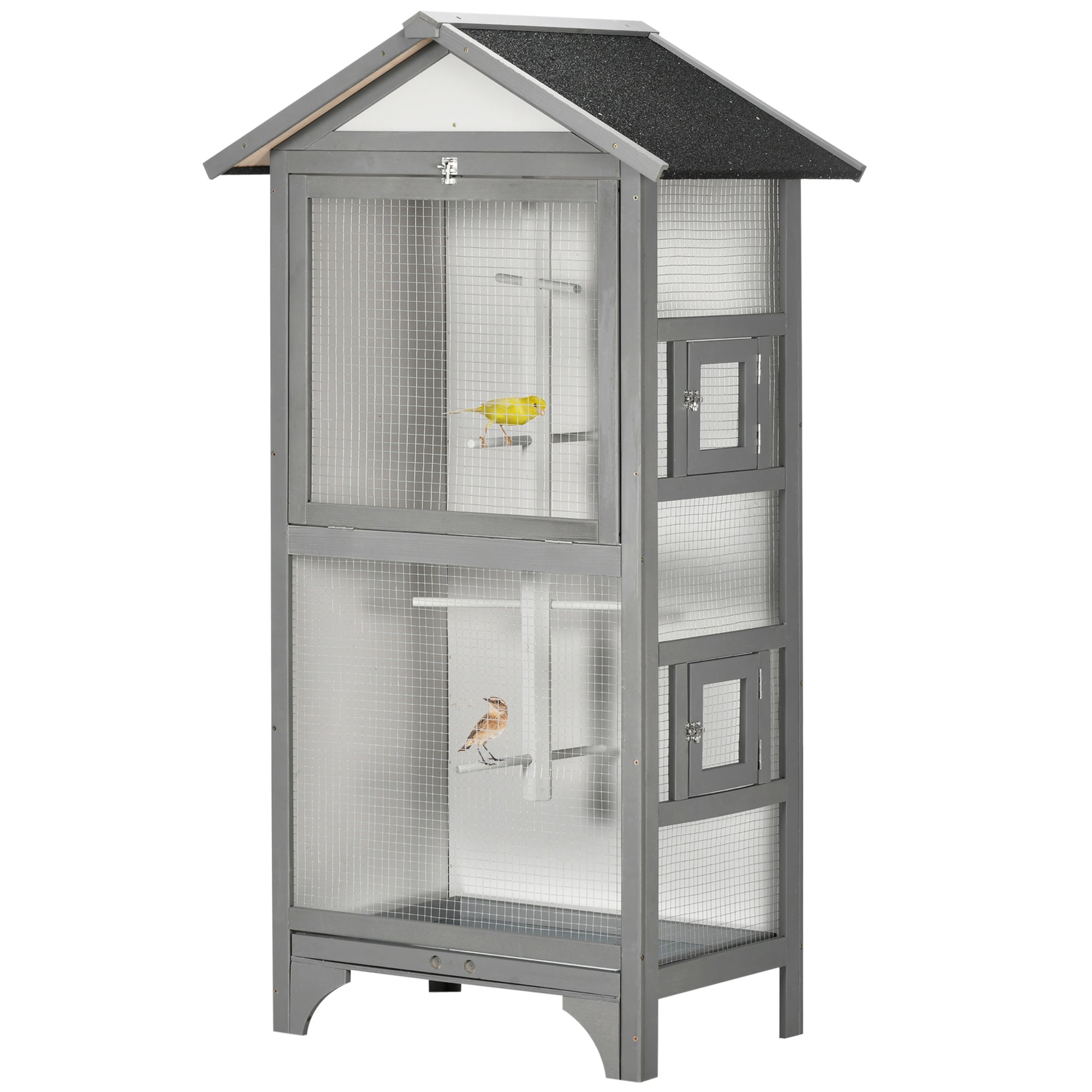 Outdoor Wooden Finch & Canary Bird Cage with Asphalt Roof, PawHut, Grey