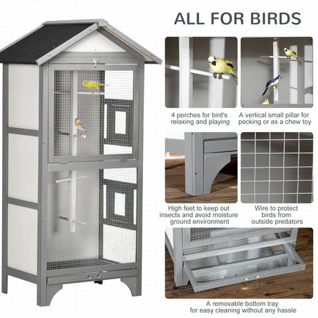 Outdoor Wooden Finch & Canary Bird Cage with Asphalt Roof, PawHut, Grey