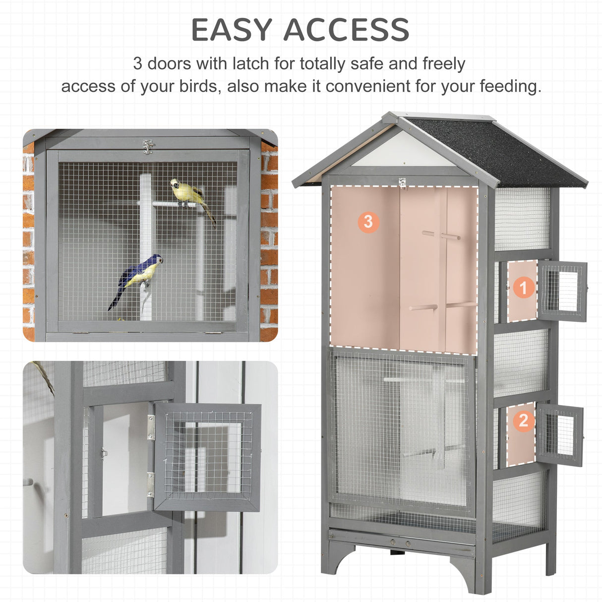 Outdoor Wooden Finch & Canary Bird Cage with Asphalt Roof, PawHut, Grey