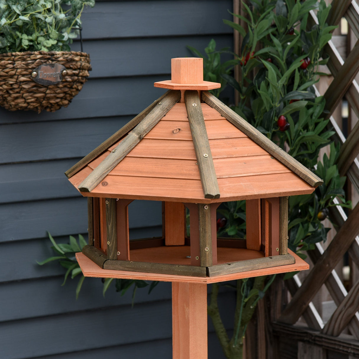 Outdoor Wooden Wild Bird Feeder Stand with Protective Roof - 130cm, PawHut,