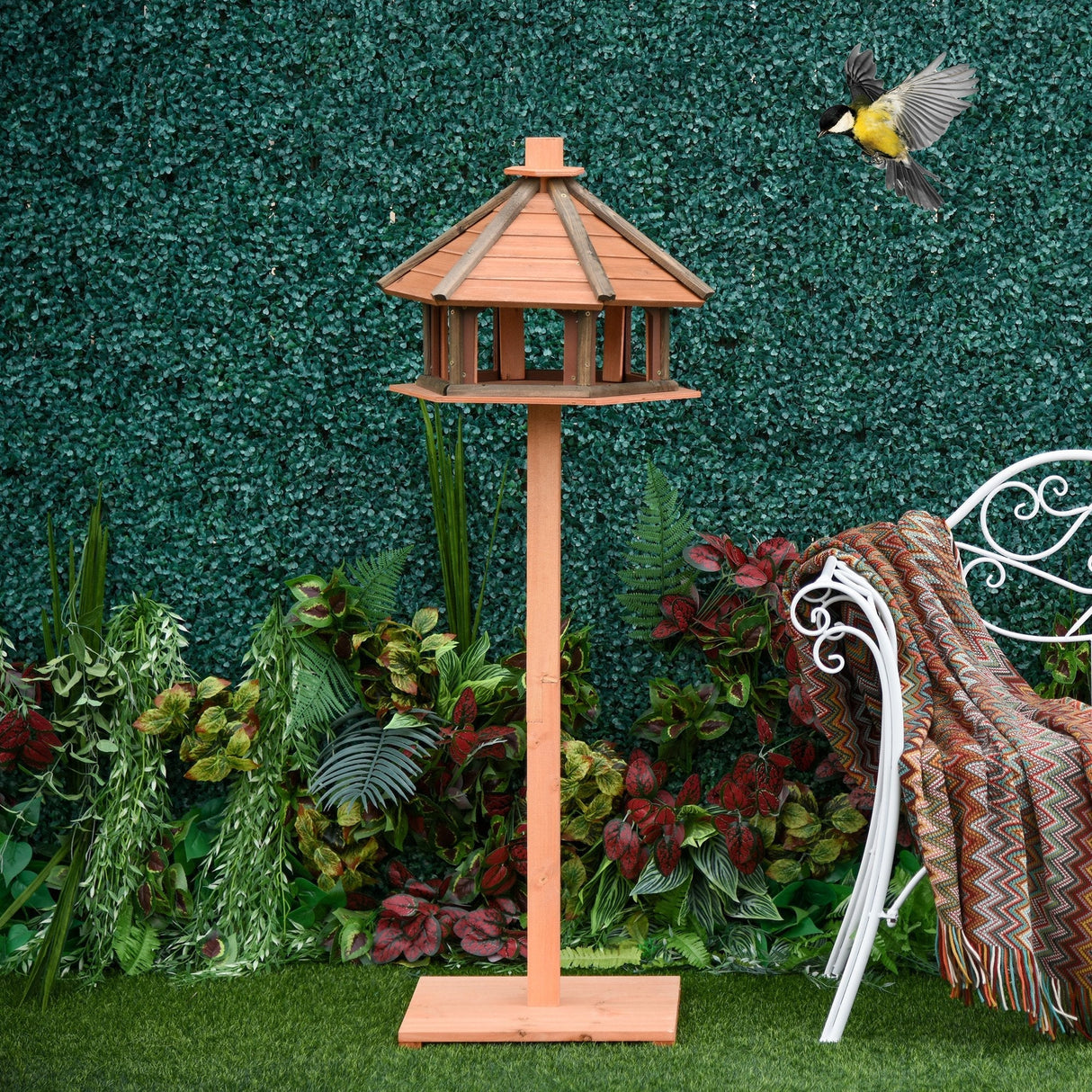 Outdoor Wooden Wild Bird Feeder Stand with Protective Roof - 130cm, PawHut,