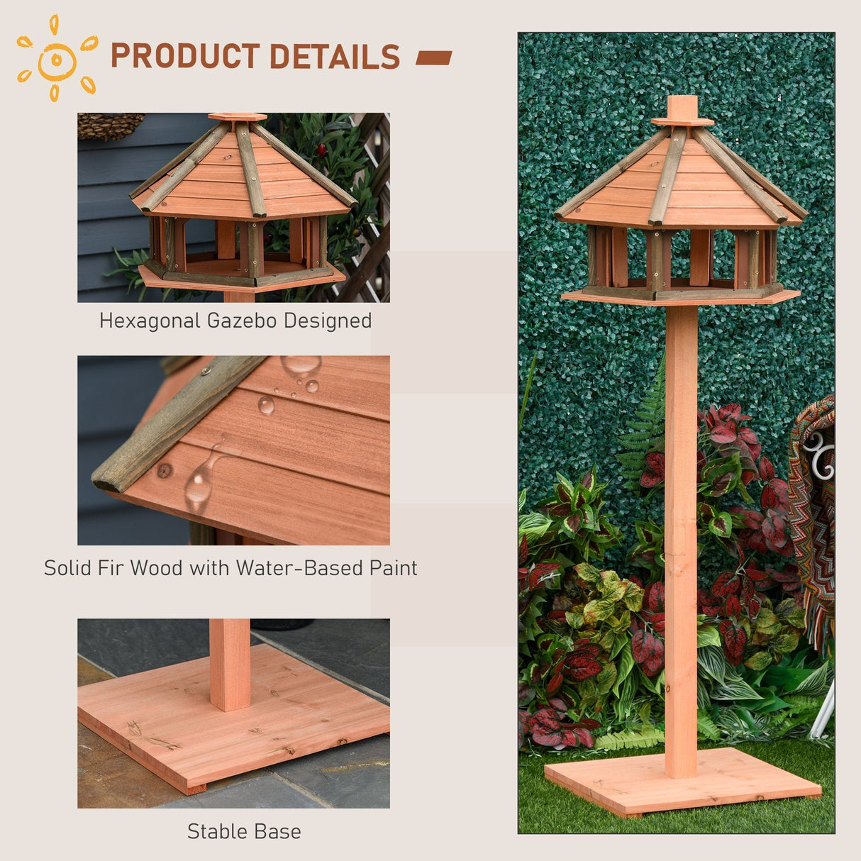 Outdoor Wooden Wild Bird Feeder Stand with Protective Roof - 130cm, PawHut,