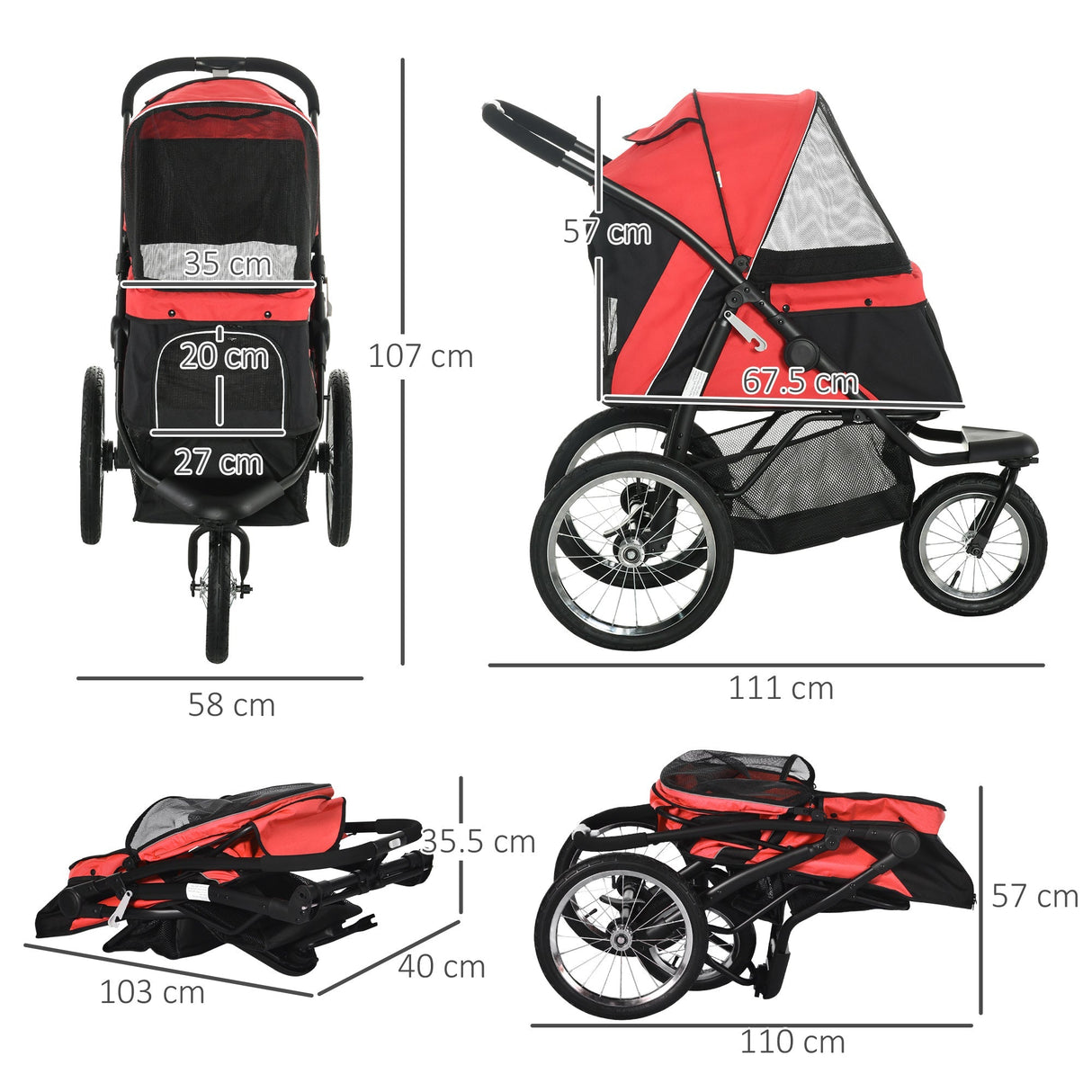 Three-Wheel Foldable Pet Stroller for Small/Medium Dogs, PawHut, Red