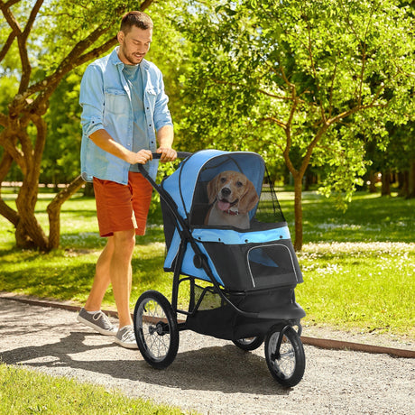 Three-Wheel Foldable Pet Stroller for Small/Medium Dogs, PawHut, Blue