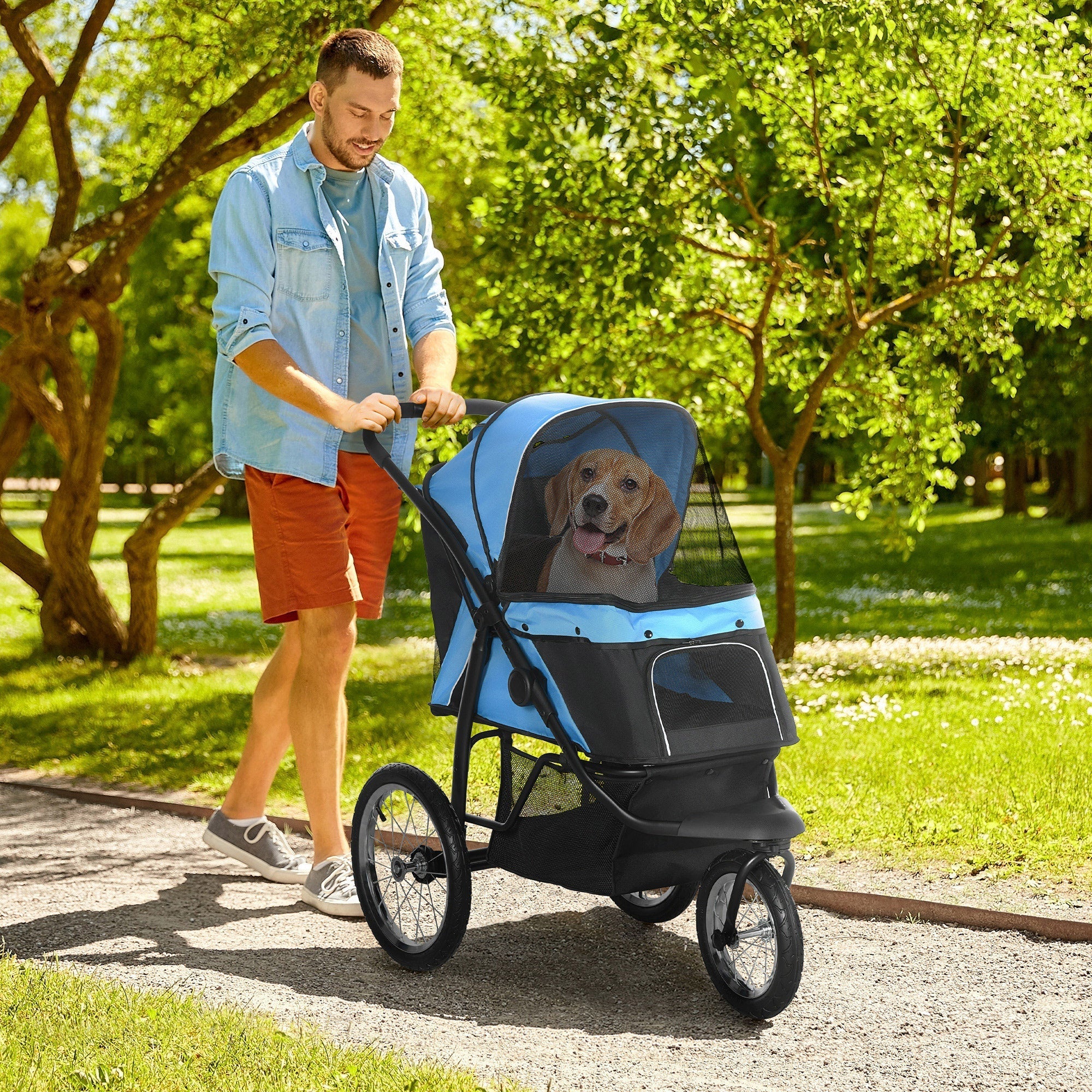 Three-Wheel Foldable Pet Stroller for Small/Medium Dogs, PawHut, Blue
