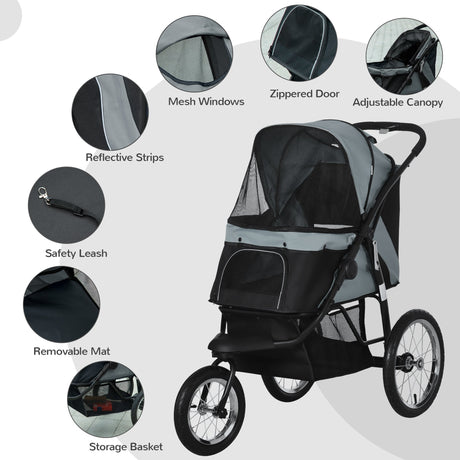 Three-Wheel Foldable Pet Stroller for Small/Medium Dogs, PawHut, Grey