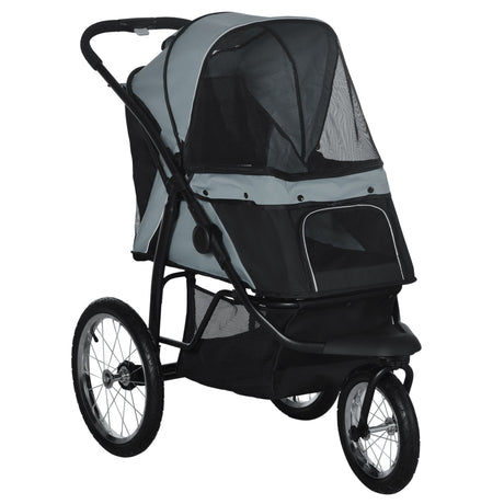 Three-Wheel Foldable Pet Stroller for Small/Medium Dogs, PawHut, Grey