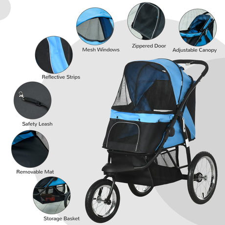 Three-Wheel Foldable Pet Stroller for Small/Medium Dogs, PawHut, Blue