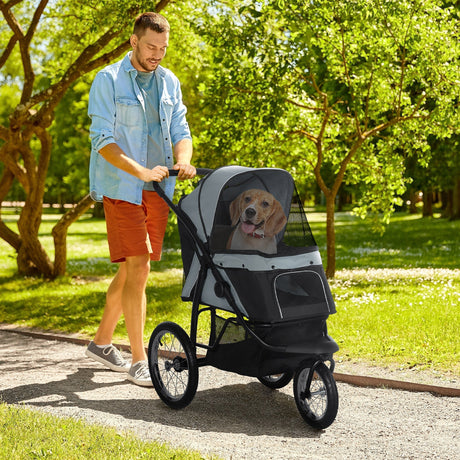 Three-Wheel Foldable Pet Stroller for Small/Medium Dogs, PawHut, Grey