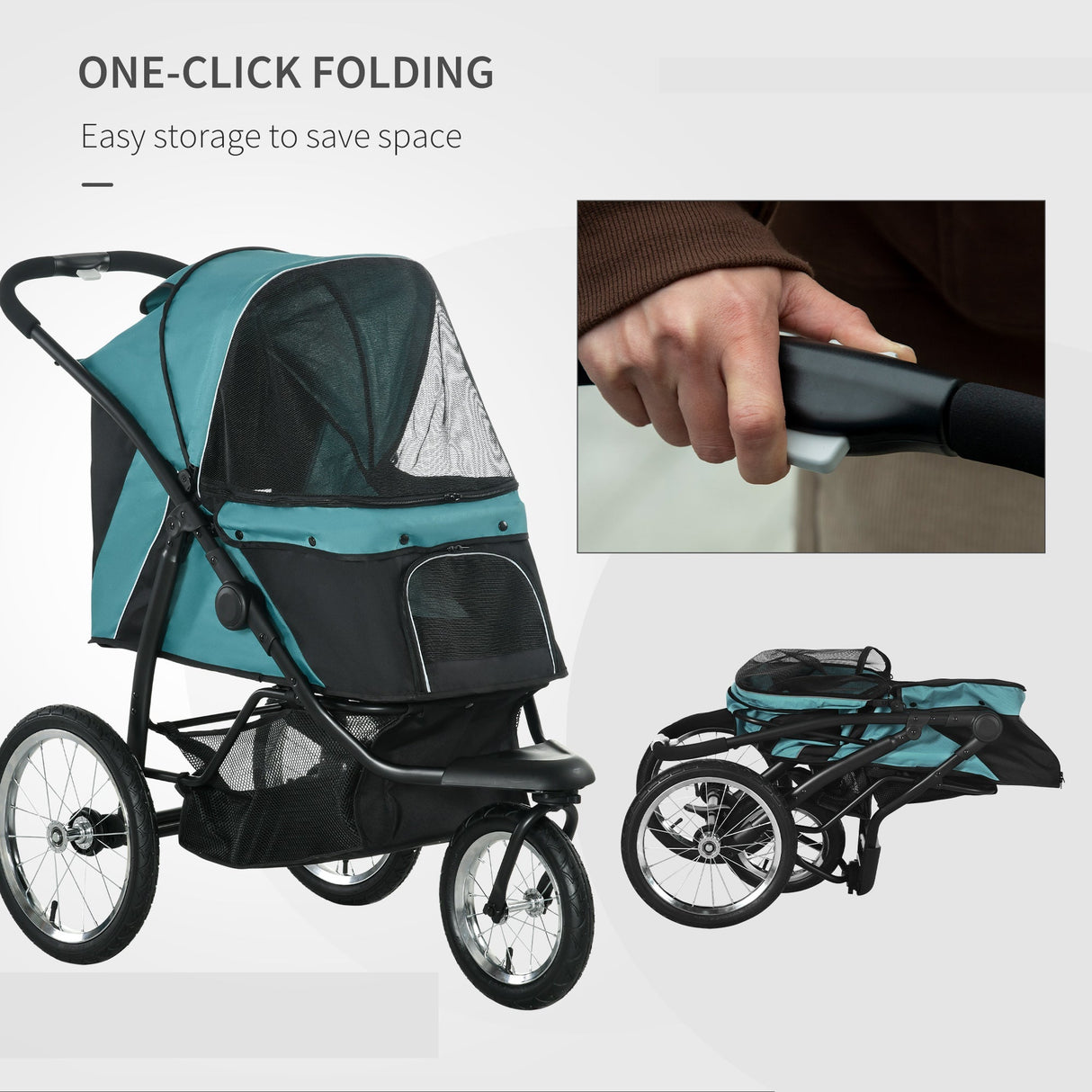Three-Wheel Foldable Pet Stroller for Small/Medium Dogs, PawHut, Green