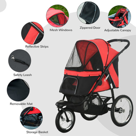 Three-Wheel Foldable Pet Stroller for Small/Medium Dogs, PawHut, Red