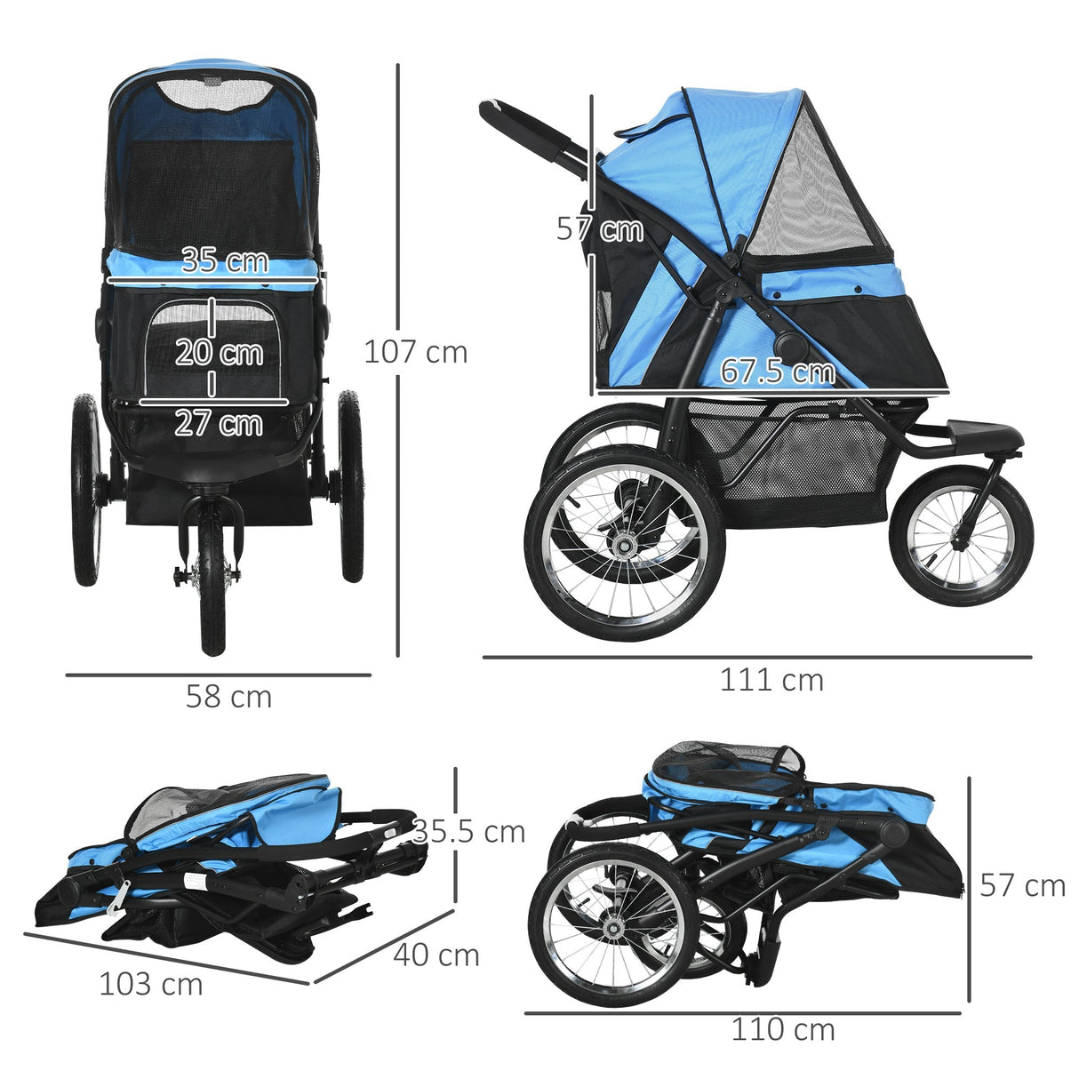 Three-Wheel Foldable Pet Stroller for Small/Medium Dogs, PawHut, Blue