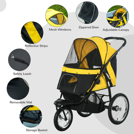 Three-Wheel Foldable Pet Stroller for Small/Medium Dogs, PawHut, Yellow