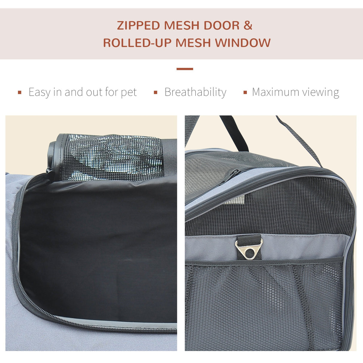 Pet Carrier Folding Bag with Mesh Windows, 41 x 34 x 30 cm, Grey, PawHut,