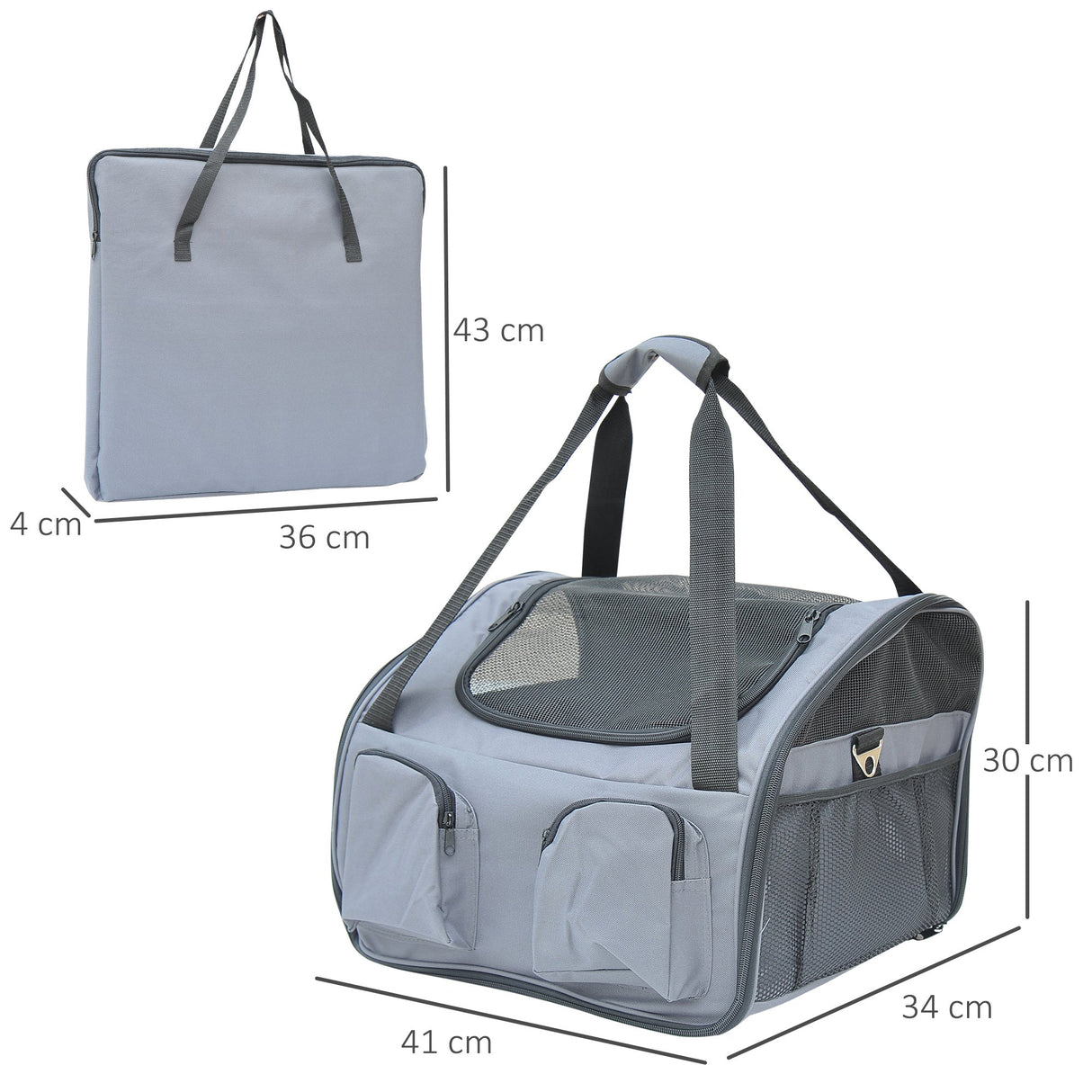 Pet Carrier Folding Bag with Mesh Windows, 41 x 34 x 30 cm, Grey, PawHut,