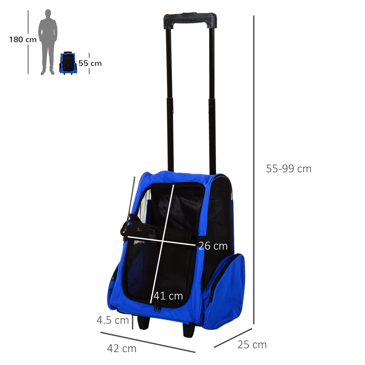 Pet Carrier Travel Backpack For Cats or Dogs with Trolley and Telescopic Handle, PawHut, Blue