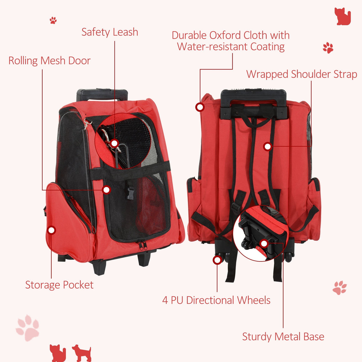 Pet Carrier Travel Backpack For Cats or Dogs with Trolley and Telescopic Handle, PawHut, Blue