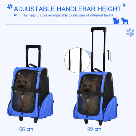 Pet Carrier Travel Backpack For Cats or Dogs with Trolley and Telescopic Handle, PawHut, Blue