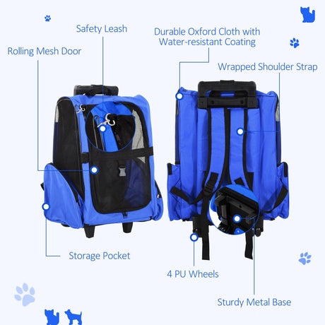 Pet Carrier Travel Backpack For Cats or Dogs with Trolley and Telescopic Handle, PawHut, Blue