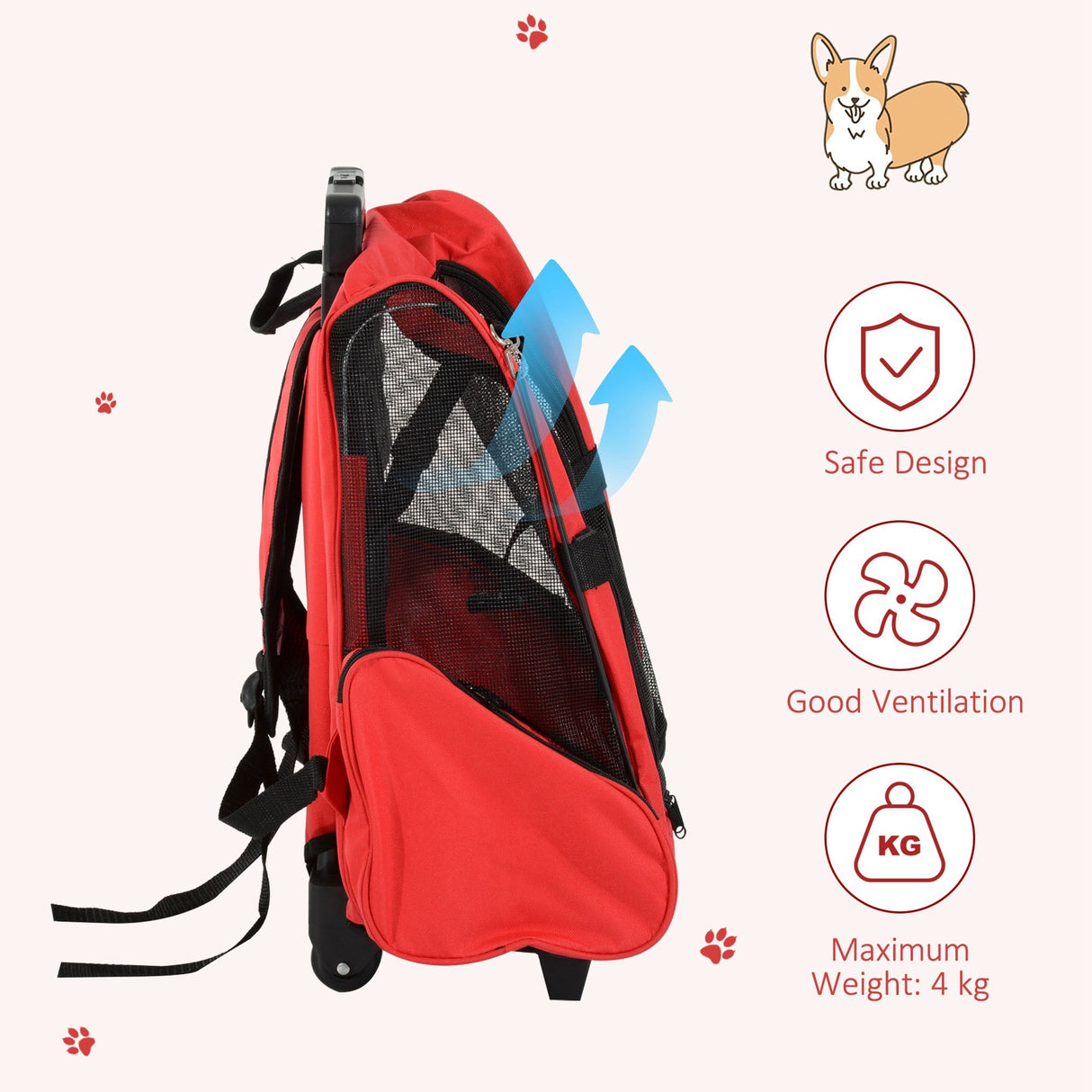 Pet Carrier Travel Backpack For Cats or Dogs with Trolley and Telescopic Handle, PawHut, Blue