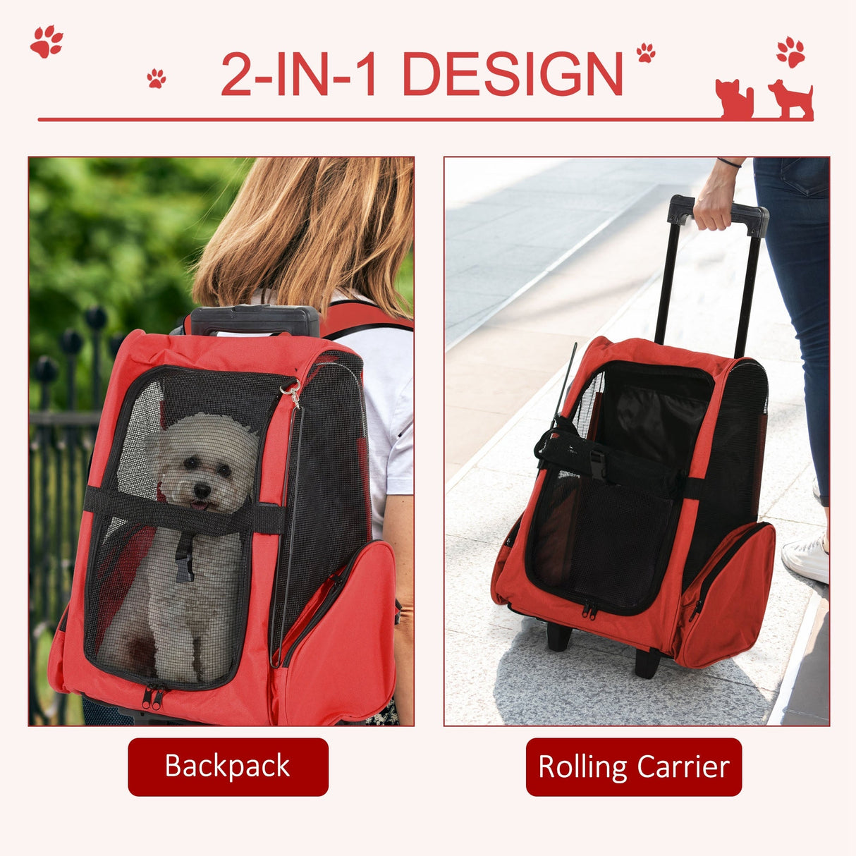 Pet Carrier Travel Backpack For Cats or Dogs with Trolley and Telescopic Handle, PawHut, Blue