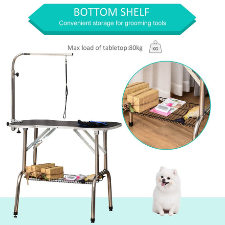 Pet Foldable Grooming Table w/ Adjustable Arm Non-Slip Tabletop Leash, PawHut,