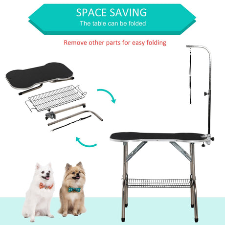 Pet Foldable Grooming Table w/ Adjustable Arm Non-Slip Tabletop Leash, PawHut,