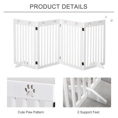 Pet Gate 4 Panel Wooden Foldable Fence Freestanding Dog Safety Barrier with 2 Support Feet for Doorways Stairs 80'' x 30'', PawHut,