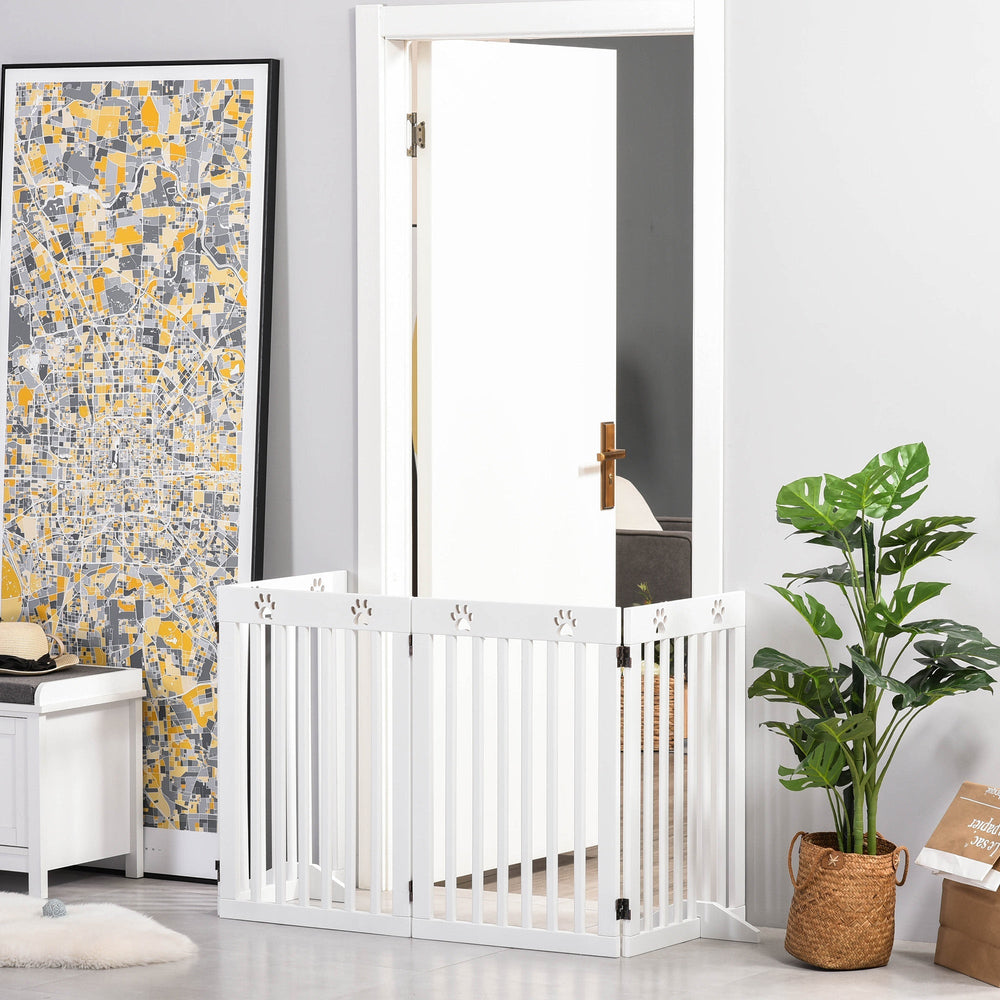 Pet Gate 4 Panel Wooden Foldable Fence Freestanding Dog Safety Barrier with 2 Support Feet for Doorways Stairs 80'' x 30'', PawHut,