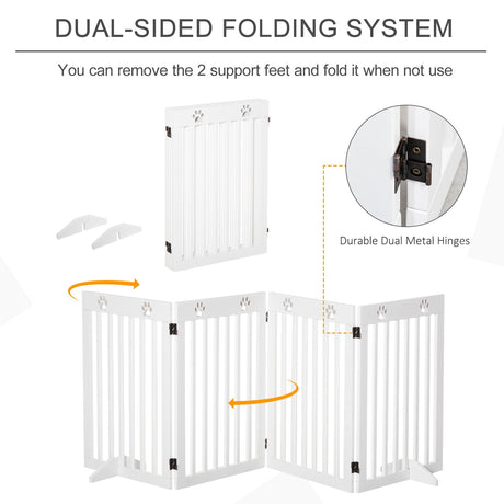 Pet Gate 4 Panel Wooden Foldable Fence Freestanding Dog Safety Barrier with 2 Support Feet for Doorways Stairs 80'' x 30'', PawHut,