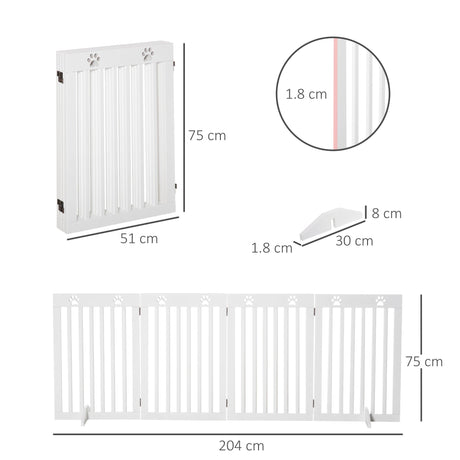 Pet Gate 4 Panel Wooden Foldable Fence Freestanding Dog Safety Barrier with 2 Support Feet for Doorways Stairs 80'' x 30'', PawHut,