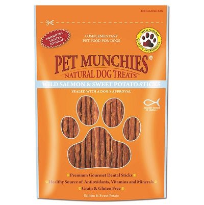 Pet Munchies Dog Treats Wild Salmon & Sweet Potato Dental Sticks 8 x 90g, Pet Munchies,
