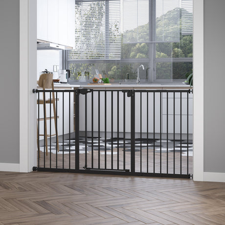 Pet Safety Gate Dog Barrier for Doorways, Corridors, Staircases with Three Extensions and Adjustable Screws, PawHut, Black