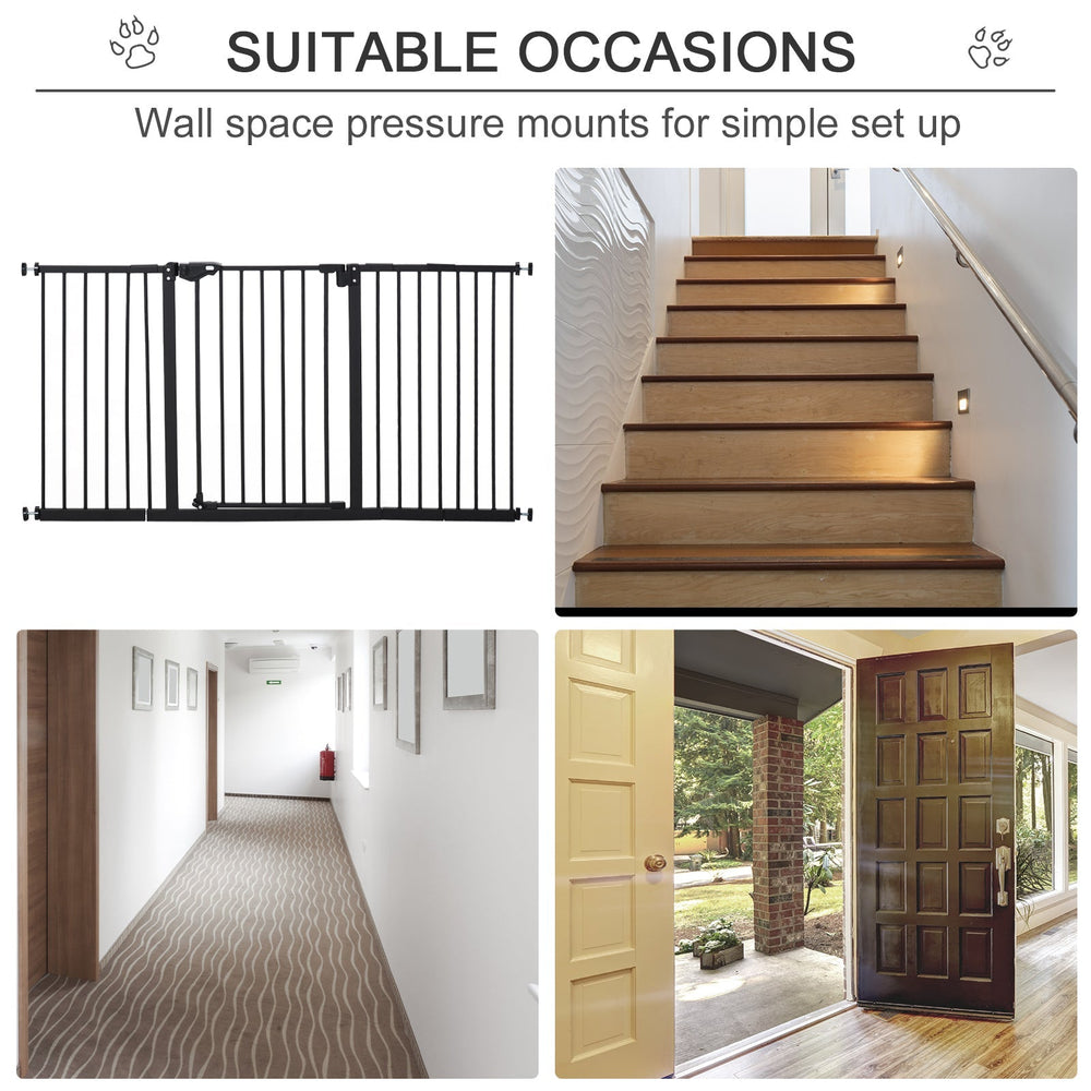 Pet Safety Gate Dog Barrier for Doorways, Corridors, Staircases with Three Extensions and Adjustable Screws, PawHut, Black