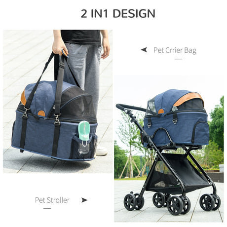 Pet Stroller, 2 in 1 Dog Carrier Foldable Cat Pushchair with 4 Wheels, Adjustable Canopy, Safety Leashes, Storage Basket for Miniature Small Dogs, Blue, PawHut,