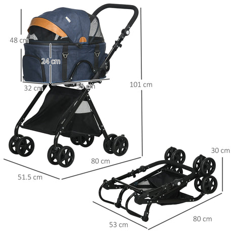 Pet Stroller, 2 in 1 Dog Carrier Foldable Cat Pushchair with 4 Wheels, Adjustable Canopy, Safety Leashes, Storage Basket for Miniature Small Dogs, Blue, PawHut,